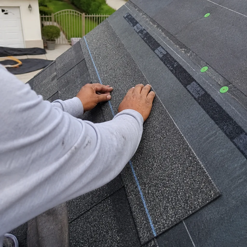 Roofing professional performing a precise shingle installation on a residential project.
