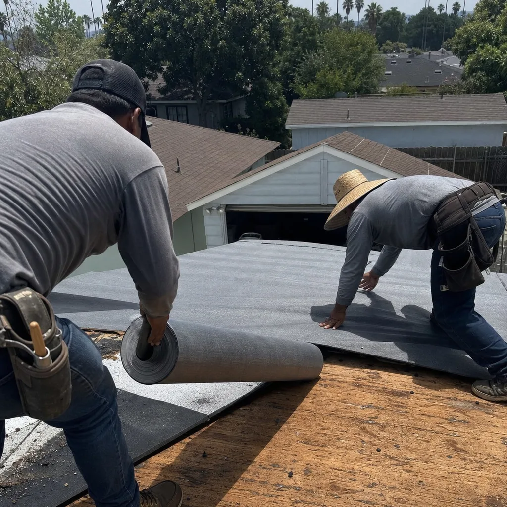Two professional roofers installing new roofing underlayment on a residential roof