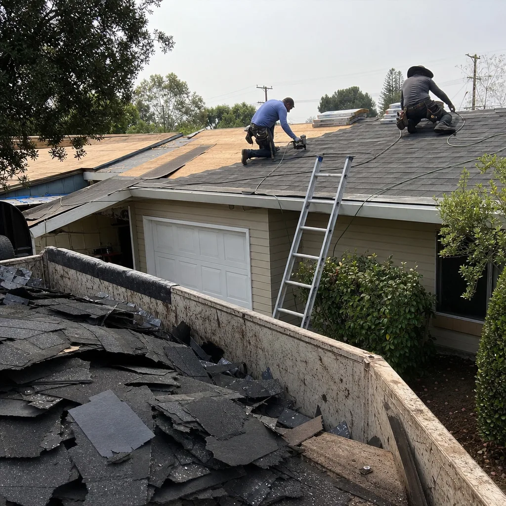 Two professional contractors performing a roof replacement on a residential home