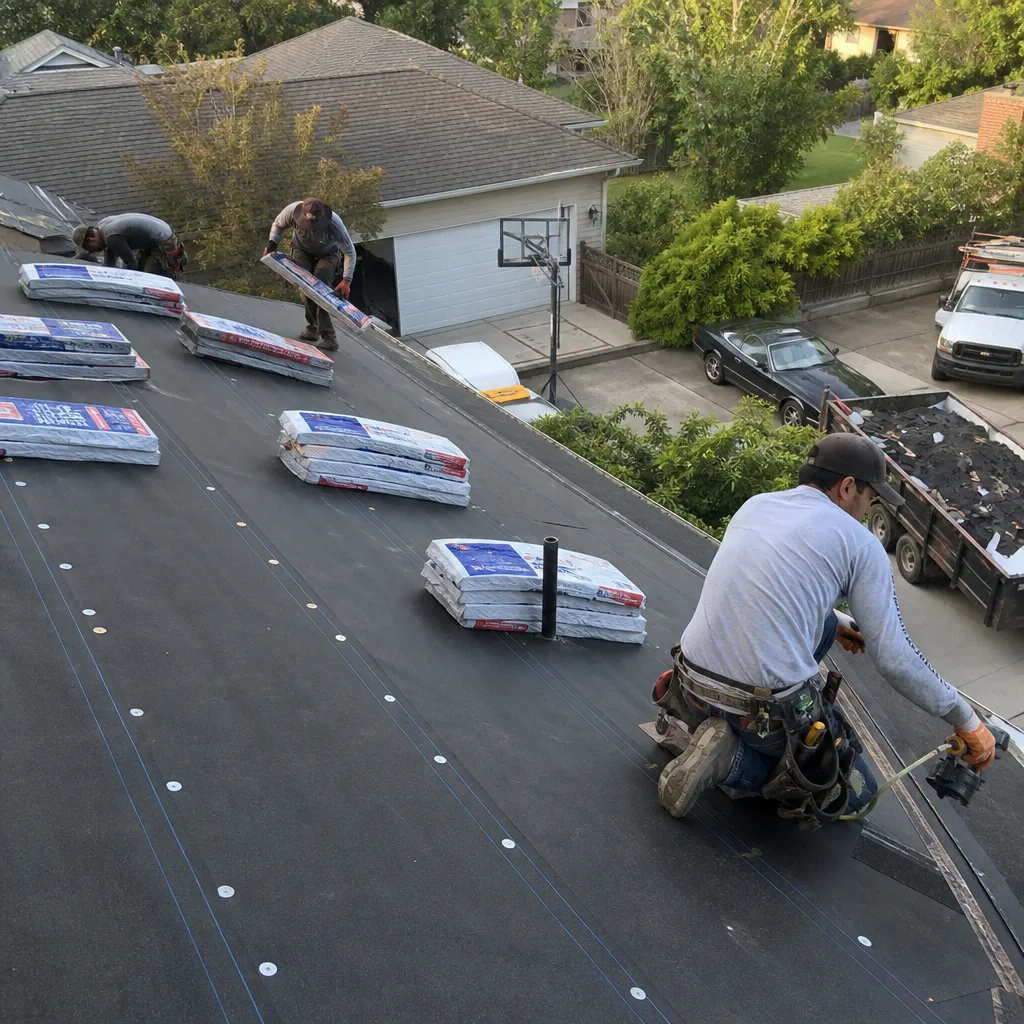 Professional roofers performing residential roof replacement services